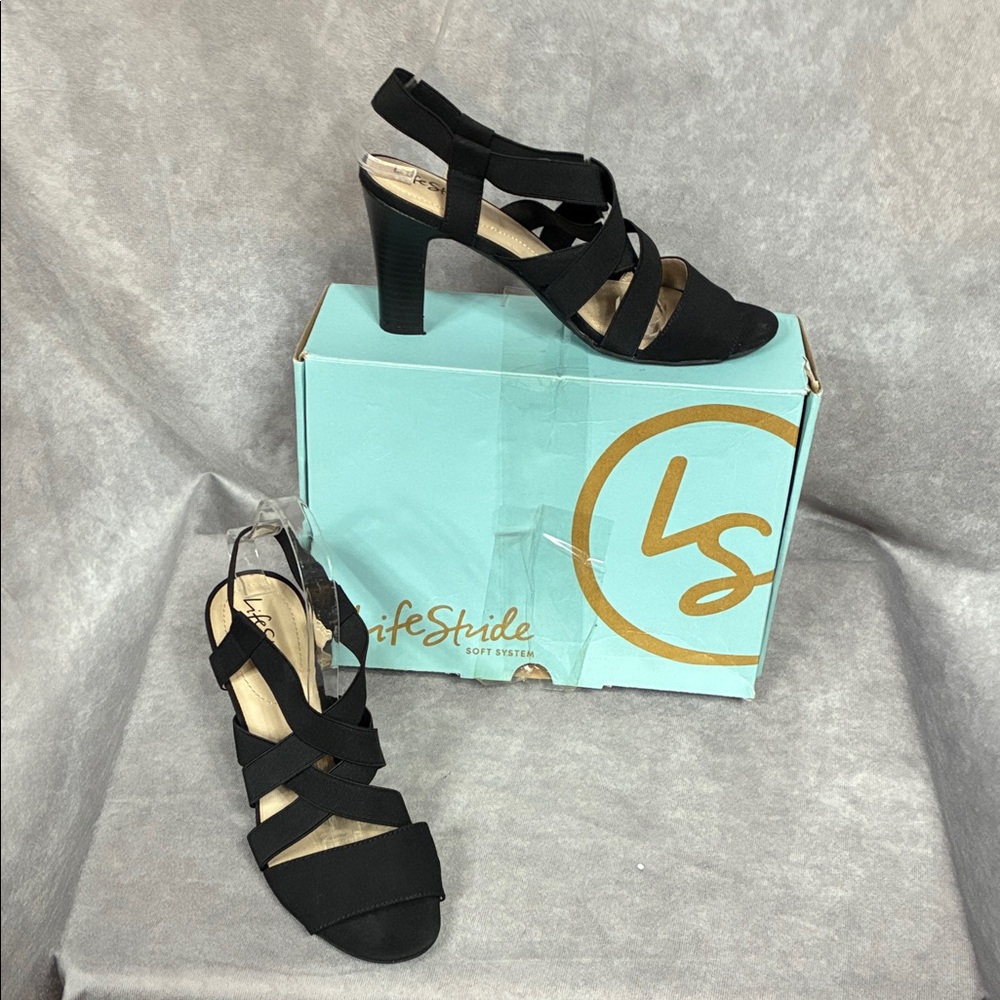 Life Stride Black Elastic Strappy Block Heel Sandals